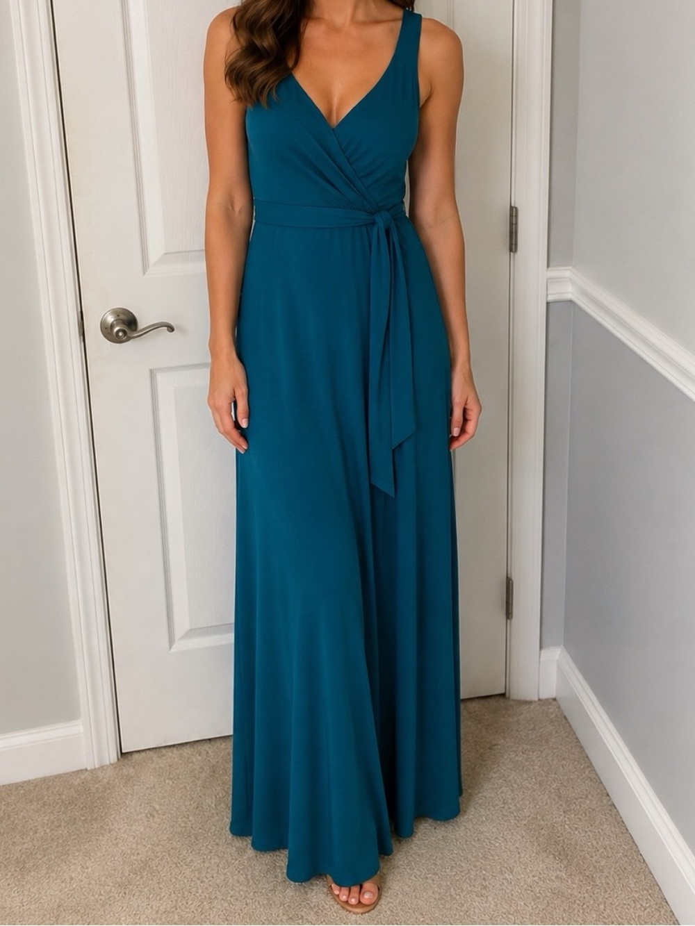 Tart Teal Blue Maxi Dress Women’s Medium Sleeveless Faux Wrap Tie Waist Stretch
